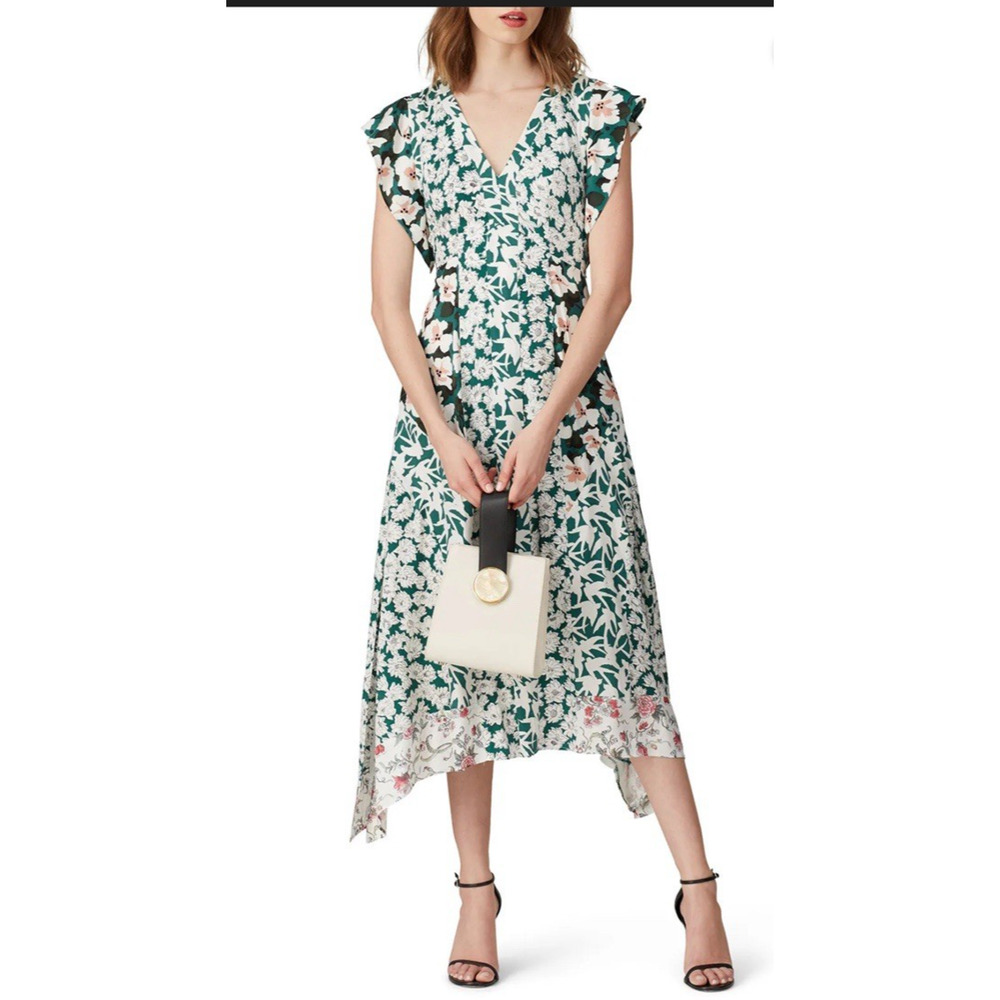 Rebecca Taylor Serene Silk Blend Floral Midi Dress Womens Size 4 Green Classic